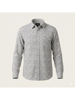 Stussy Flannel Shirt Mens M Gray Cream LS Cotton Splatter AOP Edgy Streetwear